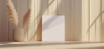 blank white frame mockup in modern office setting with soft lighting and decorative plants. minimalist design creates calm and inviting atmosphere photo