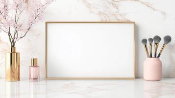 chic vanity table featuring blank white frame, elegant perfume bottles, and makeup brushes in soft pink holder, creating stylish and organized aesthetic photo