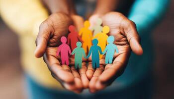 Close up of diverse hands holding colorful paper figures, symbolizing unity and community. vibrant colors represent inclusivity and togetherness photo