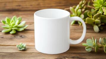 blank white mug surrounded by succulent plants on rustic wooden surface, perfect for showcasing designs or branding. Ideal for coffee or tea lovers photo