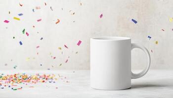 blank white mug is surrounded by colorful confetti on light background, creating festive atmosphere perfect for celebrations photo