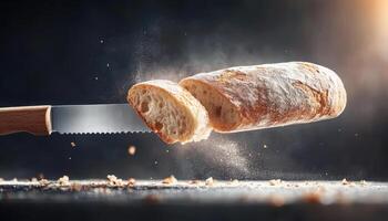 Fresh artisan bread loaf with knife slicing through, creating delightful scene of flour dust and crumbs. warm tones evoke cozy kitchen atmosphere photo