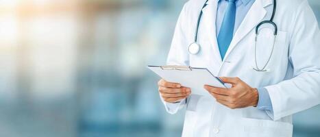 healthcare professional in white coat holds clipboard, preparing to document important notes. setting conveys sense of professionalism and care photo