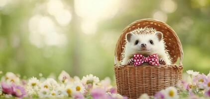 Charming hedgehog in basket surrounded by flowers, wearing bow tie. This adorable scene captures essence of nature and whimsy, perfect for animal lovers photo