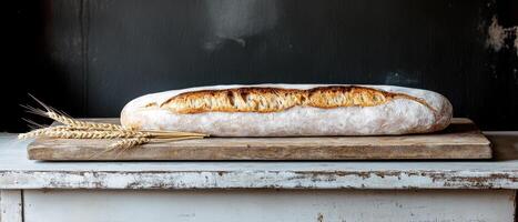 Artisan bread loaf resting on wooden board with wheat stalks, showcasing its crusty texture and rustic charm. Perfect for culinary themes and baking inspiration photo