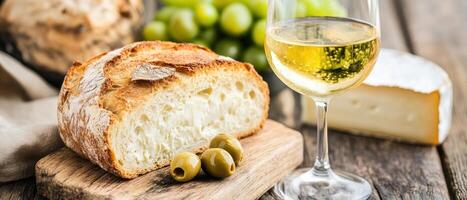 Fresh artisan bread with cheese, olives, and white wine creates delightful culinary experience. combination of flavors and textures invites enjoyment and relaxation photo