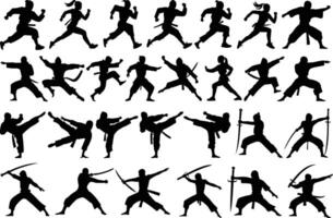 Black Ninja Silhouettes Set With Different Poses vector