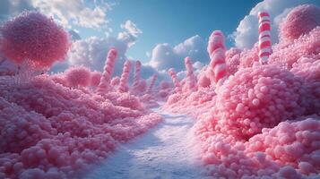 Whimsical scene of candy wonderland with bright candy canes colorful sugar crystals and oversized gummy bears under a clear sky photo