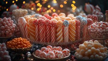 Whimsical display of colorful candy canes glittering sugar crystals assorted sweet treats arranged on a festive table photo