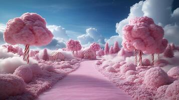 Whimsical scene of candy wonderland with giant candy canes colorful cotton candy clouds and sparkling candy trees photo