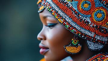 Stunning 'Zulu' beadwork headpiece featuring vibrant colors traditional patterns worn by women in South Africa symbolizing their cultural identity and connection to the land photo