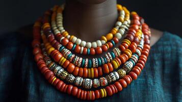 Set of 'Nigerian' coral bead necklaces featuring traditional designs motifs worn by women in Nigeria representing their connection to the land and cultural heritage photo