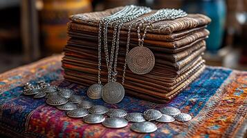 Set of 'Berber' silver jewelry featuring traditional designs motifs worn by women in North Africa symbolizing their connection to the land and cultural heritage photo