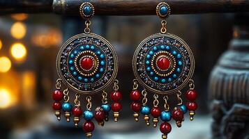 Pair of 'Armenian' inspired earrings featuring intricate metalwork traditional motifs worn by women in Armenia representing their rich cultural heritage photo