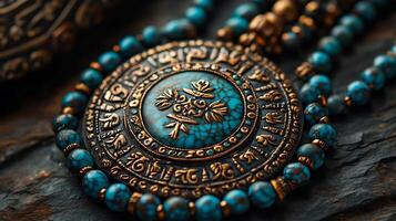 Beautifully crafted 'Tibetan' turquoise necklace worn women in the Himalayas featuring sacred symbols and designs that represent their spiritual connection photo