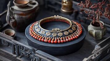 Beautifully crafted 'Tibetan' coral necklace featuring traditional designs motifs worn by women in the Himalayas representing their connection to the land and spiritual heritage photo