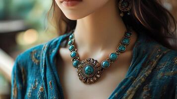 Beautifully crafted 'Persian' turquoise necklace featuring traditional designs motifs worn by women in Iran representing their connection to the country's rich cultural heritage photo