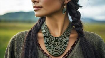 Beautifully crafted 'Maori' greenstone necklace featuring traditional designs motifs worn by women in New Zealand representing their connection to the land and cultural heritage photo