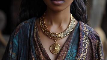 Beautifully crafted 'Ethiopian' gold necklace featuring traditional designs motifs worn by women in Ethiopia representing their connection to the land and cultural heritage photo