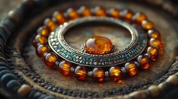 Beautifully crafted 'Bedouin' necklace featuring silver amber beads worn by women in North Africa symbolizing their nomadic heritage and cultural identity photo