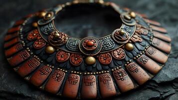 Beautifully crafted 'Aztec' inspired necklace featuring symbols patterns from ancient Mexico worn by women in Mesoamerican cultures representing their connection to the gods photo