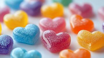 Colorful candy hearts scattered soft white background with a hint of sparkle and whimsical patterns photo