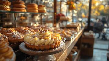 Quaint bakery counter showcasing glittering sugar crystals caramelized apple slices with a touch of golden light photo