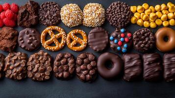 Closeup of assorted chocolatecovered pretzels caramel candies colorful chocolate drops arranged neatly on a dark table photo