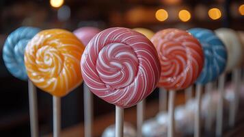 Closeup of beautiful display of artisanal lollipops with swirled patterns and a variety of vibrant colors on a simple table photo