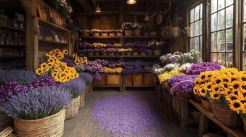Rustic flower shop featuring bouquets of lavender jasmine and sunflowers Blossom petals scattered on wooden counters Fragrant air fills the cozy countrystyle setting photo