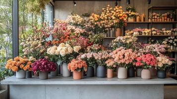 Modern flower shop with sleek industrialstyle vases filled with roses and peonies Blossom petals arranged in geometric patterns Fragrant air circulates in the minimalist setting photo