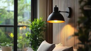 Wallmounted lamp a matte black finish and glowing bulb casting soft light that complements Scandinavianinspired minimalist interiors with its sleek design photo