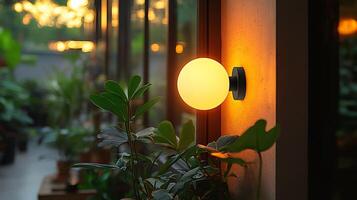 Wallmounted lamp a matte metal finish emitting a warm glow from its bulb seamlessly complementing clean contemporary interiors and minimalist design photo