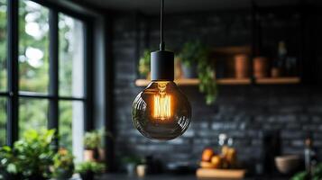 Pendant lamp a matte black finish and a glowing bulb providing soft illumination that blends Scandinavian simplicity with contemporary design aesthetics photo