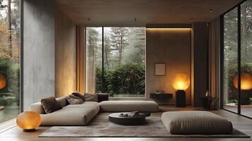 Floor lamp a glowing bulb encased in a sleek metal fixture casting soft even illumination to highlight minimalist design in modern living spaces photo