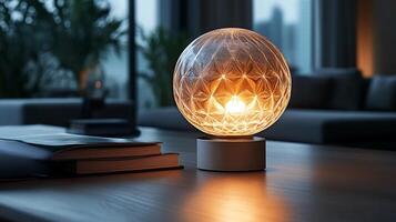 Minimalist LED lamp illuminating sleek modern space with an even glow from the intricately designed bulb enhancing the clean lines of the fixture and decor photo