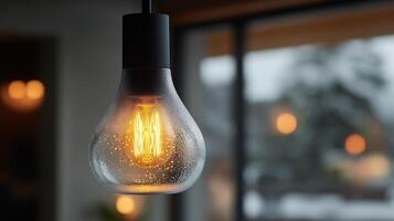 Closeup of glowing bulb inside a pendant lamp with frosted glass spreading soft illumination to highlight clean contemporary lines and minimalist aesthetics photo