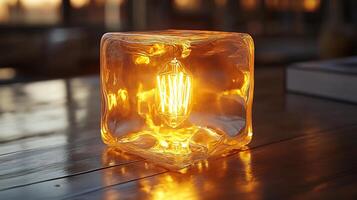 Contemporary table lamp a glowing bulb inside a cubeshaped glass fixture emits soft light creating an elegant and modern display of illumination photo