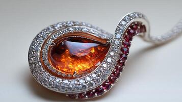 Pendant showcasing vivid fire opal with small diamonds and tourmalines in a flowing design closeup view capturing the gemstone textures on a clean white backdrop photo