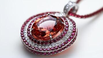 Pendant showcasing vivid topaz gem surrounded by ruby and diamond accents in a unique pattern closeup field focusing on the gem details against a pristine white background photo
