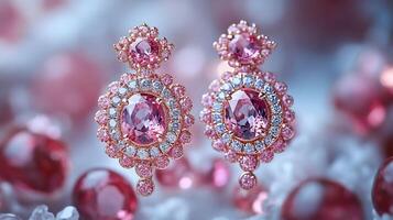 Pair of earrings delicate pink diamonds and sapphires shimmering under soft light closeup view capturing the intricate gemstone patterns on a white background photo