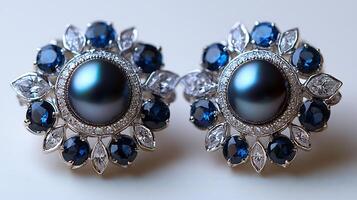 Pair of earrings featuring rare black pearls sapphires elegantly set in a silver frame closeup shot capturing the textures of each gem on a white background photo