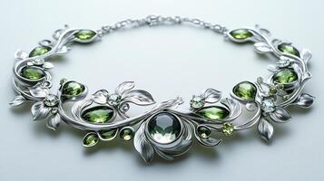 Necklace rare moonstone and peridot gems arranged in a flowing design closeup view focusing on the detailed gemstone textures on a clean white background photo