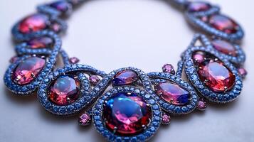 Necklace designed large tanzanites and opal gems arranged in a flowing pattern closeup view capturing the shimmering stones against a clean white backdrop photo