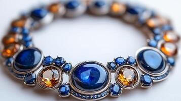 Necklace large lapis lazuli and citrine stones set in a minimalist silver design closeup field capturing the bold contrast of the gems on a white backdrop photo