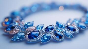 Necklace designed bold aquamarines and opals in an elegant cascading design closeup view capturing the intricate stone textures against a pure white backdrop photo