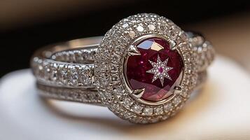 Elegant ring a rare star ruby surrounded by small diamonds in an intricate design closeup field focusing on the radiant stones against a pure white background photo