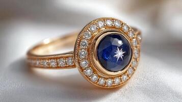 Elegant ring a rare star sapphire surrounded by small diamonds in a delicate gold setting closeup field focusing on the shimmering stones on a clean white background photo