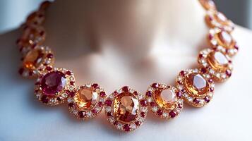 Elegant necklace featuring bold combination of citrine and ruby gems arranged in an intricate design closeup focus on the gleaming stones on a white background photo