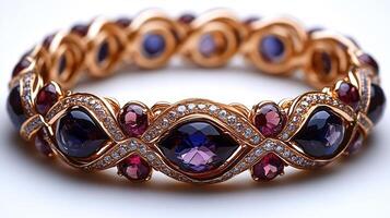 Elegant bracelet adorned rare tanzanites and garnets arranged in an abstract gold design closeup view capturing the intricate gemstone patterns against a clean white background photo